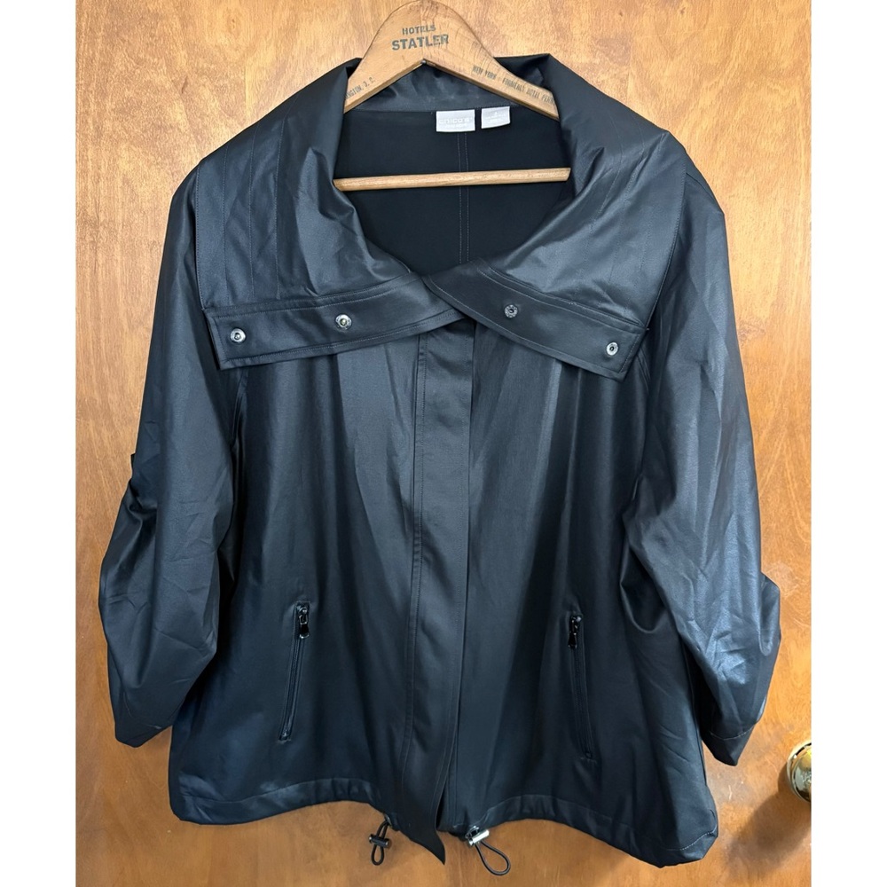 Chico's Black Oversized Boxy Windbreaker Jacket Foldover 3 16 18 Slinky Office